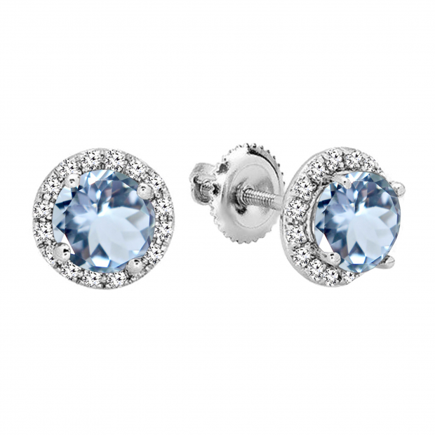 Round Aquamarine & White Diamond Halo Style Stud Earrings for Women (Diamond 0.21 ctw, Color I-J, Clarity I1-I2) in 14K White Gold in Screw Back