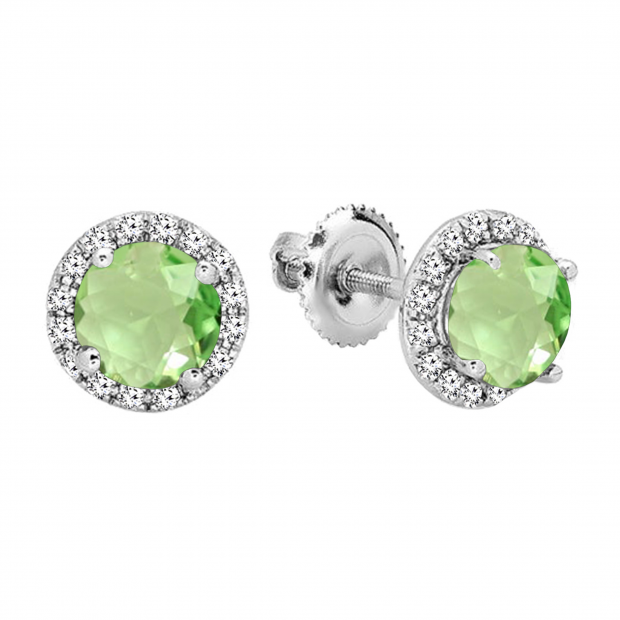 Round Peridot & White Diamond Halo Style Stud Earrings for Women (Diamond 0.21 ctw, Color I-J, Clarity I1-I2) in 14K White Gold in Screw Back