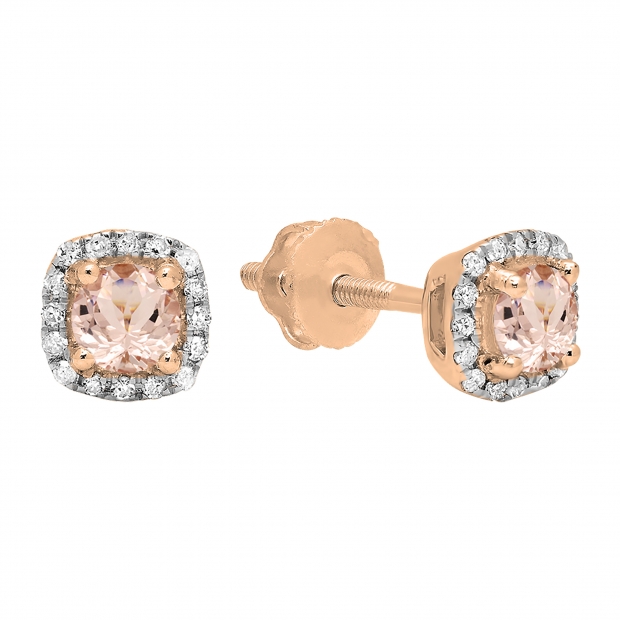 0.45 Carat (ctw) 18K Rose Gold Round Cut Morganite & White Diamond Ladies Halo Style Stud Earrings 1/2 CT