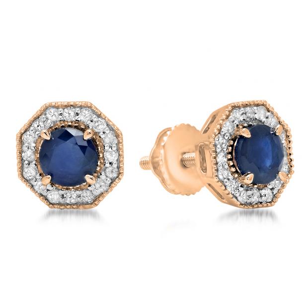 1.50 Carat (ctw) 10K Rose Gold Round Cut Blue Sapphire & White Diamond Ladies Halo Style Stud Earrings 1 1/2 CT
