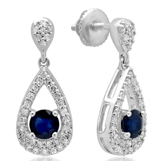1.55 Carat (ctw) 10K White Gold Round Cut Blue Sapphire & White Diamond Ladies Dangling Drop Earrings 1 1/2 CT