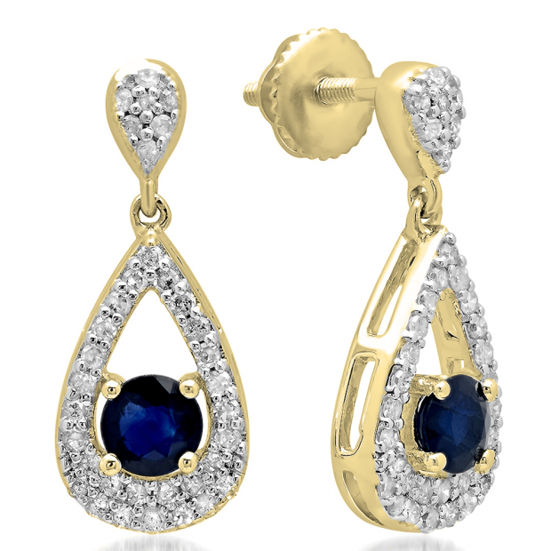 1.55 Carat (ctw) 14K Yellow Gold Round Cut Blue Sapphire & White Diamond Ladies Dangling Drop Earrings 1 1/2 CT