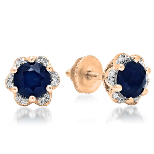 1.95 Carat (ctw) 14K Rose Gold Round Cut Blue Sapphire & White Diamond Ladies Flower Shape Cluster Fashion Stud Earrings 2 CT