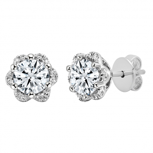 925 Sterling Silver Flower Shape Stud Earrings, 1.70 CT Round Cubic Zirconia in Push Back