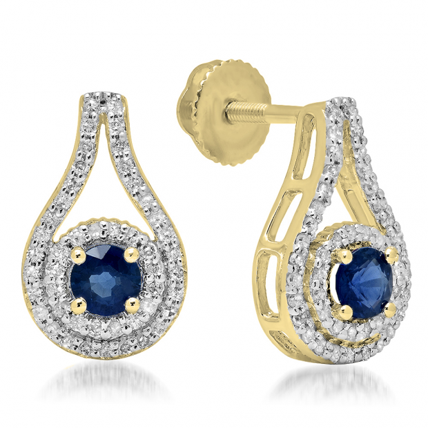 1.10 Carat (ctw) 18K Yellow Gold Round Cut Blue Sapphire & White Diamond Ladies Halo Style Drop Earrings 1 CT