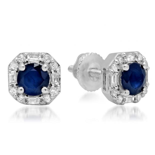 1.40 Carat (ctw) 14K White Gold Round Cut Blue Sapphire & Baguette & Round Cut White Diamond Ladies Halo Style Stud Earrings