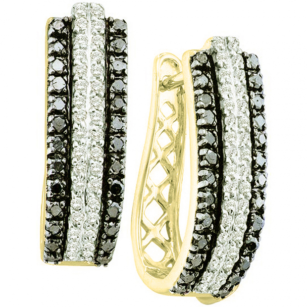 1.15 Carat (ctw) 10K Yellow Gold Round Black & White Diamond Ladies Fashion Huggies Hoops Earrings