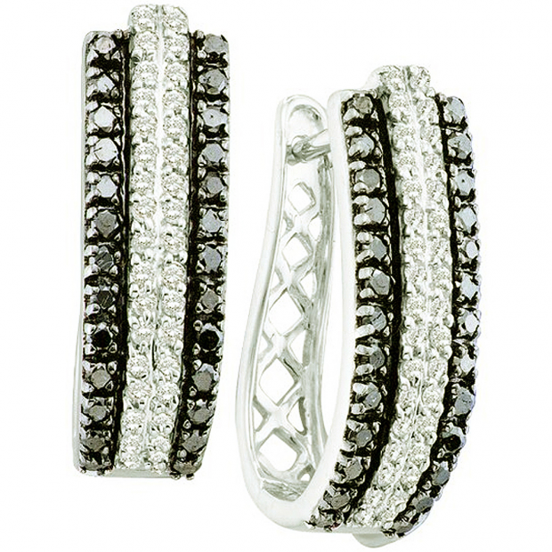 1.15 Carat (ctw) 14K White Gold Round Black & White Diamond Ladies Fashion Huggies Hoops Earrings