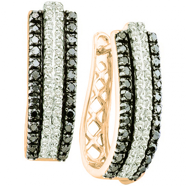 1.15 Carat (ctw) 18K Rose Gold Round Black & White Diamond Ladies Fashion Huggies Hoops Earrings