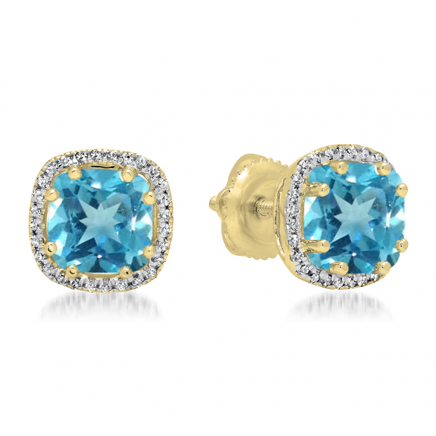2.40 Carat (ctw) 10K Yellow Gold Cushion Cut Blue Topaz & Round Cut White Diamond Ladies Halo Style Stud Earrings