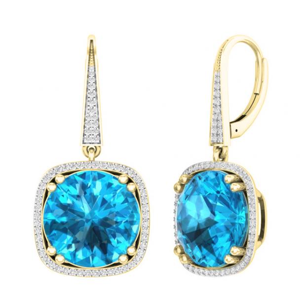 18.45 Carat (ctw) 14K Yellow Gold Round Blue Topaz & White Diamond Ladies Halo Style Dangling Drop Earrings