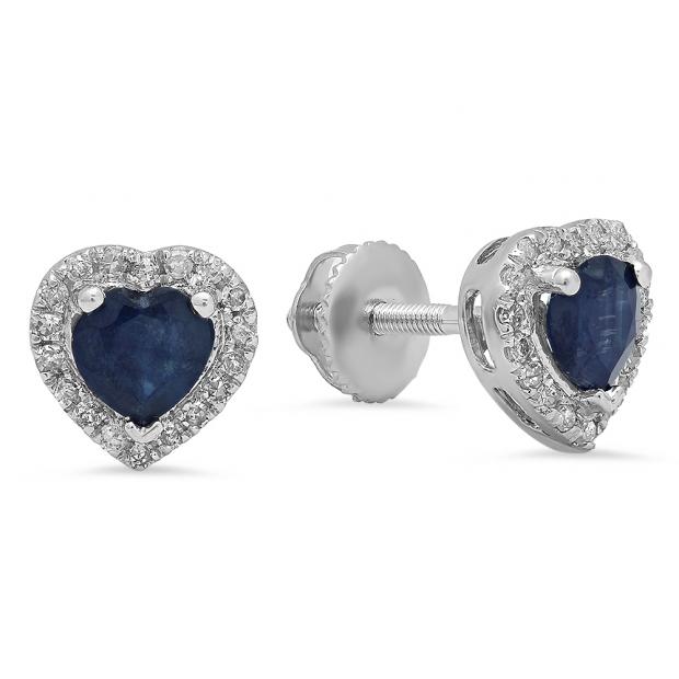 1.30 Carat (ctw) 10K White Gold Heart Cut Blue Sapphire & Round Cut White Diamond Ladies Halo Stud Earrings