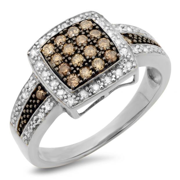 0.45 Carat (ctw) 10K White Gold Round Cut White & Champagne Diamond Ladies Bridal Fashion Right Hand Ring 1/2 CT