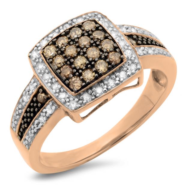 0.45 Carat (ctw) 14K Rose Gold Round Cut White & Champagne Diamond Ladies Bridal Fashion Right Hand Ring 1/2 CT