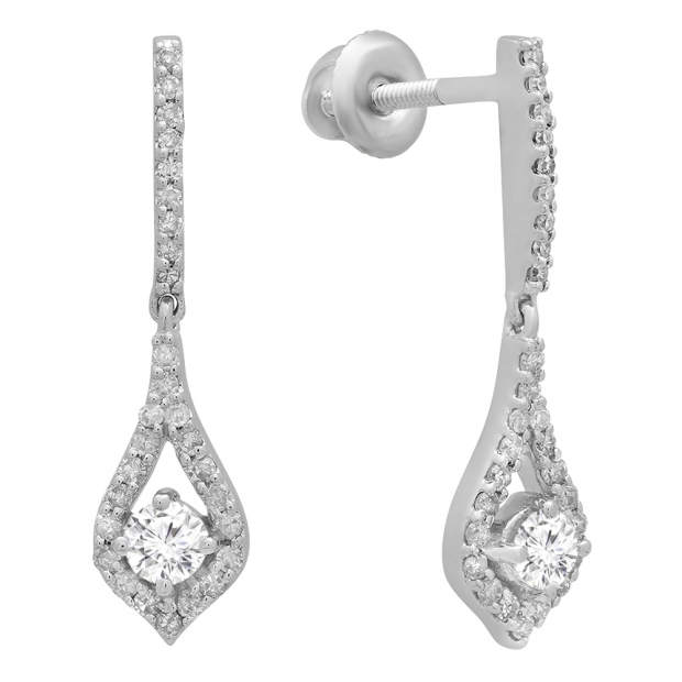 0.38 Carat (ctw) 10K White Gold Round White Diamond Ladies Dangling Drop Earrings