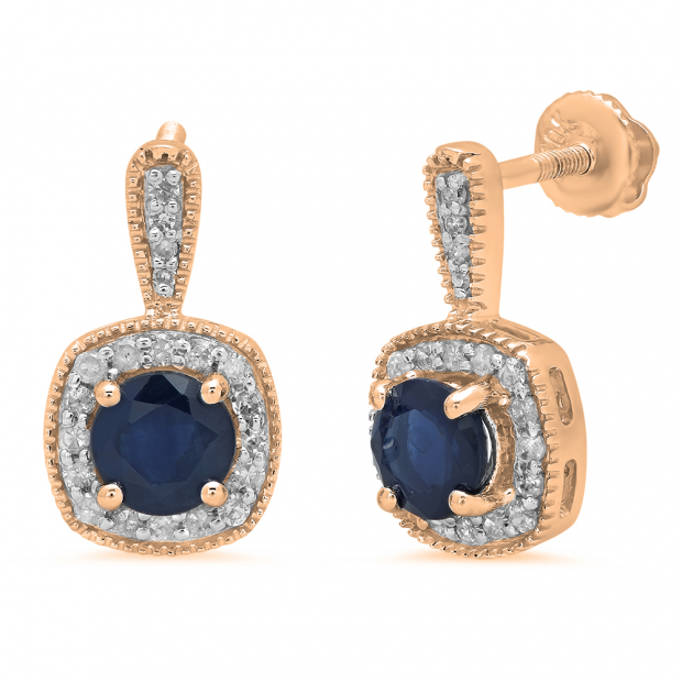 1.45 Carat (ctw) 14K Rose Gold Round Cut Blue Sapphire & White Diamond Ladies Halo Style Dangling Earrings 1 1/2 CT