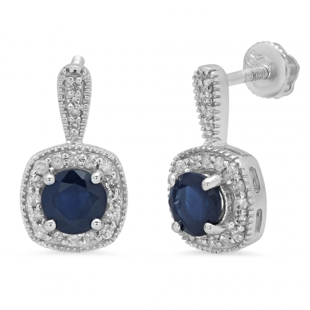 1.45 Carat (ctw) 14K White Gold Round Cut Blue Sapphire & White Diamond Ladies Halo Style Dangling Earrings 1 1/2 CT