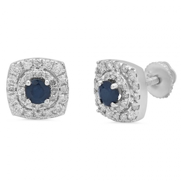 1.42 Carat (ctw) 10K White Gold Round Cut Blue Sapphire & White Diamond Ladies Halo Style Stud Earrings