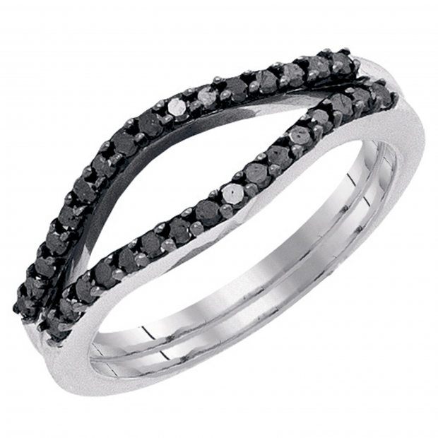 0.35 Carat (ctw) 10K White Gold Round Black Diamond Ladies Anniversary Enhancer Guard Double Ring Wedding Band 1/3 CT