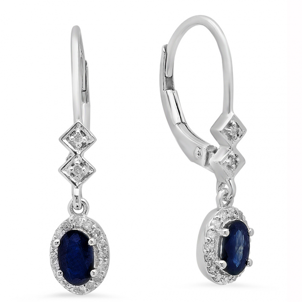 0.80 Carat (ctw) 10K White Gold Oval Cut Blue Sapphire & Round Cut White Diamond Ladies Halo Style Dangling Drop Earrings 3/4 CT