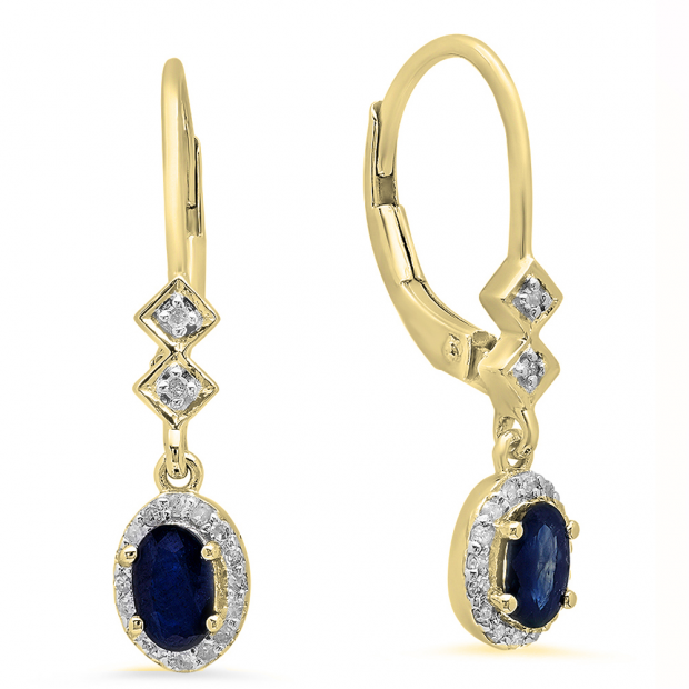 0.80 Carat (ctw) 14K Yellow Gold Oval Cut Blue Sapphire & Round Cut White Diamond Ladies Halo Style Dangling Drop Earrings 3/4 CT