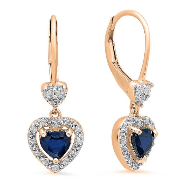 1.50 Carat (ctw) 14K Rose Gold Heart Cut Blue Sapphire & Round Cut White Diamond Ladies Heart Dangling Drop Earrings 1 1/2 CT
