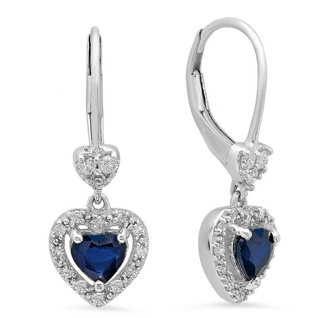 1.50 Carat (ctw) 18K White Gold Heart Cut Blue Sapphire & Round Cut White Diamond Ladies Heart Dangling Drop Earrings 1 1/2 CT