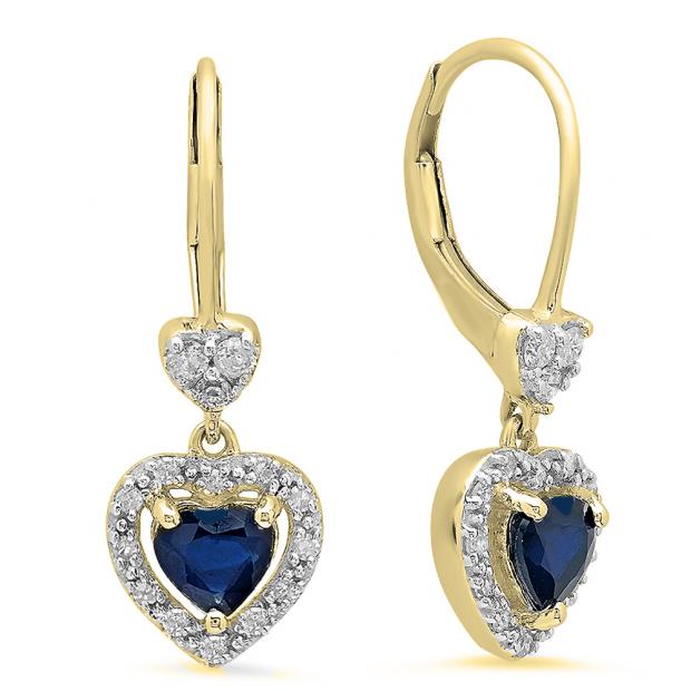 1.50 Carat (ctw) 18K Yellow Gold Heart Cut Blue Sapphire & Round Cut White Diamond Ladies Heart Dangling Drop Earrings 1 1/2 CT