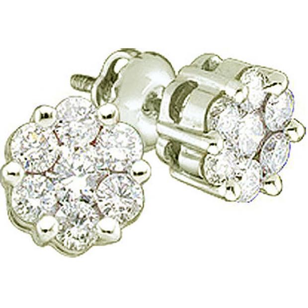 1.05 Carat (ctw) 10K White Gold Round Cut White Diamond Ladies Cluster Style Flower Stud Earrings 1 CT