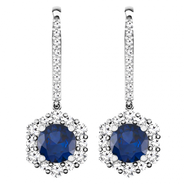1.35 Carat (ctw) 14K White Gold Round Blue Sapphire & Diamond Ladies Halo Style Dangling Drop Earrings 1 1/3 CT