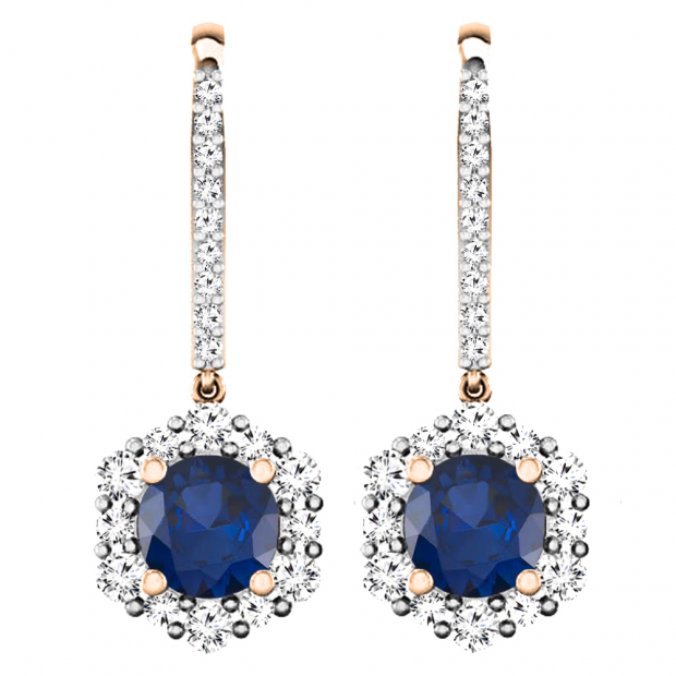 1.35 Carat (ctw) 18K Rose Gold Round Blue Sapphire & Diamond Ladies Halo Style Dangling Drop Earrings 1 1/3 CT