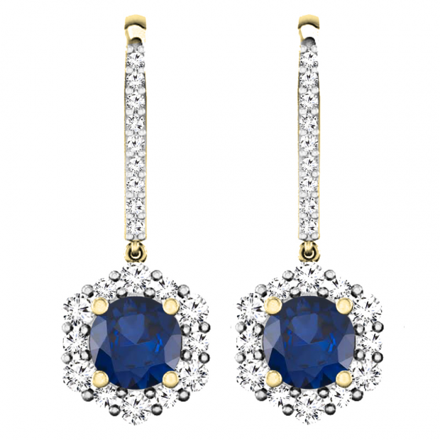1.35 Carat (ctw) 18K Yellow Gold Round Blue Sapphire & Diamond Ladies Halo Style Dangling Drop Earrings 1 1/3 CT