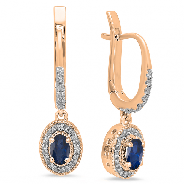 0.75 Carat (ctw) 10K Rose Gold Oval Cut Blue Sapphire & Round Diamond Ladies Halo Style Dangling Drop Earrings 1/3 CT