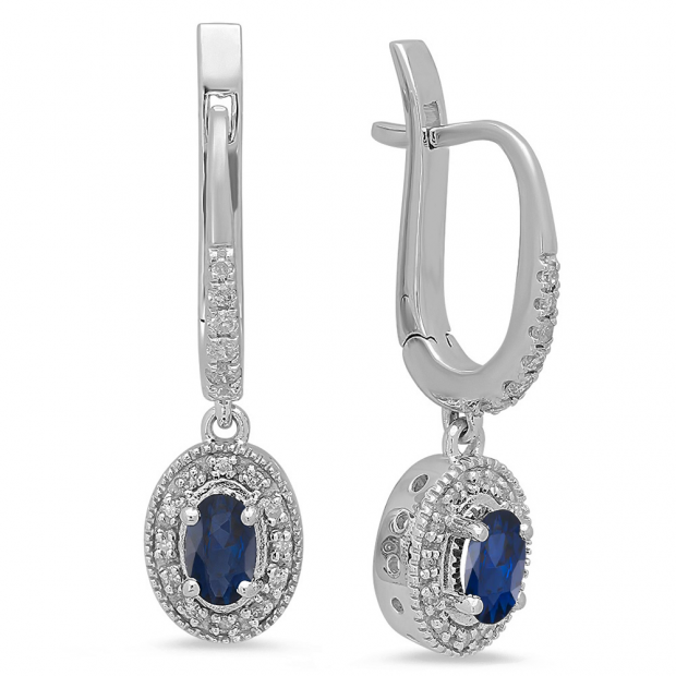 0.75 Carat (ctw) 10K White Gold Oval Cut Blue Sapphire & Round Diamond Ladies Halo Style Dangling Drop Earrings 1/3 CT
