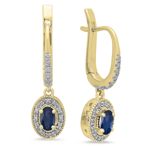 0.75 Carat (ctw) 10K Yellow Gold Oval Cut Blue Sapphire & Round Diamond Ladies Halo Style Dangling Drop Earrings 1/3 CT