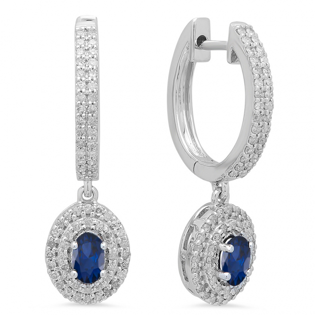 1.10 Carat (ctw) 10K White Gold Oval Cut Blue Sapphire & Round Diamond Ladies Halo Style Dangling Drop Earrings 1 1/10 CT