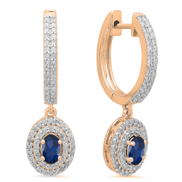 1.10 Carat (ctw) 14K Rose Gold Oval Cut Blue Sapphire & Round Diamond Ladies Halo Style Dangling Drop Earrings 1 1/10 CT