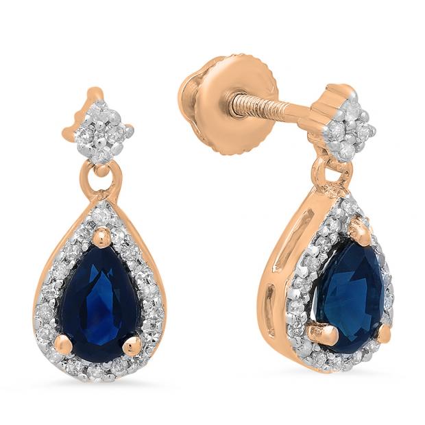 0.95 Carat (ctw) 10K Rose Gold Pear Cut Blue Sapphire & Round Diamond Ladies Halo Style Dangling Drop Earrings 1 CT