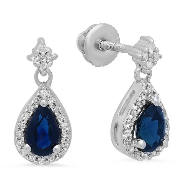 0.95 Carat (ctw) 14K White Gold Pear Cut Blue Sapphire & Round Diamond Ladies Halo Style Dangling Drop Earrings 1 CT