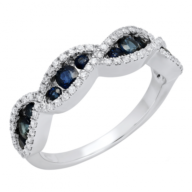 1.00 Carat (ctw) 14K White Gold Round Blue Sapphire & White Diamond Ladies Bridal Stackable Anniversary Wedding Band Swirl Ring 1 CT