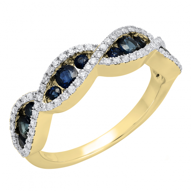 1.00 Carat (ctw) 14K Yellow Gold Round Blue Sapphire & White Diamond Ladies Bridal Stackable Anniversary Wedding Band Swirl Ring 1 CT
