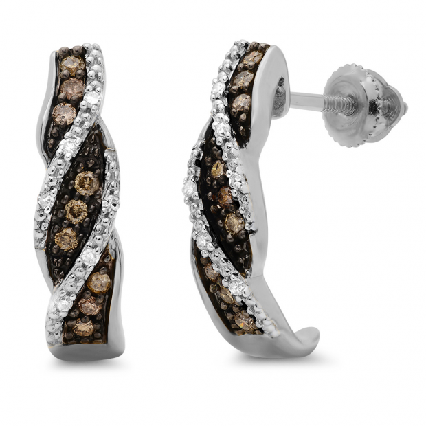 0.20 Carat (ctw) 10K White Gold Round Cut White And Champagne Diamond Ladies Swirl Hoop Earrings 1/5 CT