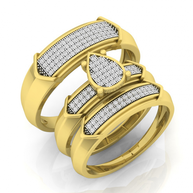 0.35 Carat (ctw) Yellow Plated Sterling Silver Round White Diamond Men & Womens Micro Pave Engagement Ring Trio Bridal Set 1/3 CT