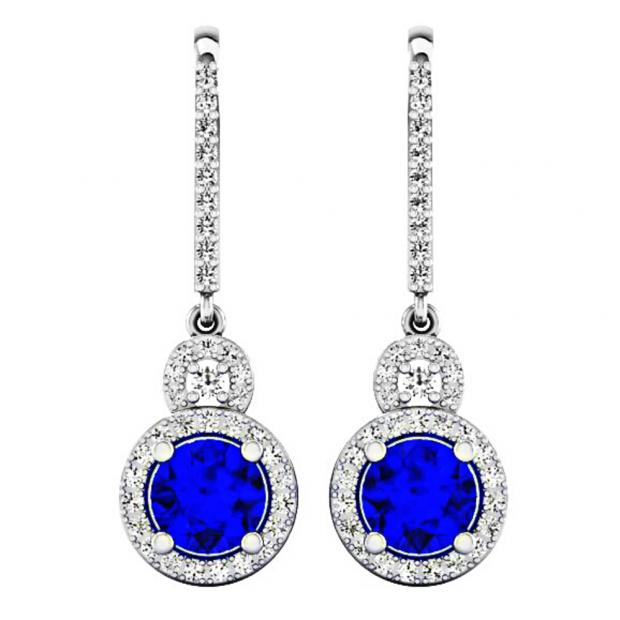 1.50 Carat (ctw) 10K White Gold Round Cut Blue Sapphire & White Diamond Ladies Halo Style Dangling Drop Earrings 1 1/2 CT