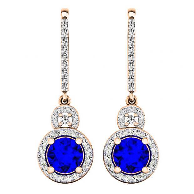 1.50 Carat (ctw) 14K Rose Gold Round Cut Blue Sapphire & White Diamond Ladies Halo Style Dangling Drop Earrings 1 1/2 CT