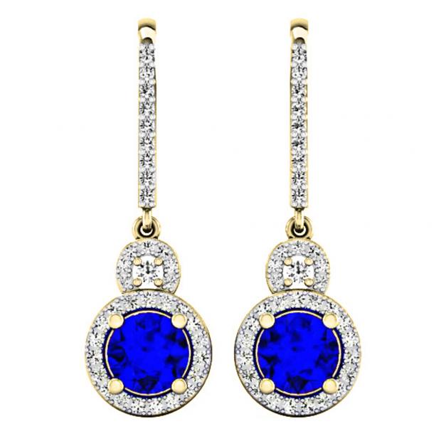 1.50 Carat (ctw) 14K Yellow Gold Round Cut Blue Sapphire & White Diamond Ladies Halo Style Dangling Drop Earrings 1 1/2 CT