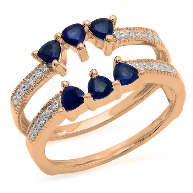 1.00 Carat (ctw) 10K Rose Gold Trillion Cut Blue Sapphire & Round Cut White Diamond Ladies Anniversary Wedding Band Enhancer Guard Ring 1 CT