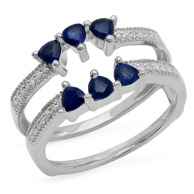 1.00 Carat (ctw) 14K White Gold Trillion Cut Blue Sapphire & Round Cut White Diamond Ladies Anniversary Wedding Band Enhancer Guard Ring 1 CT