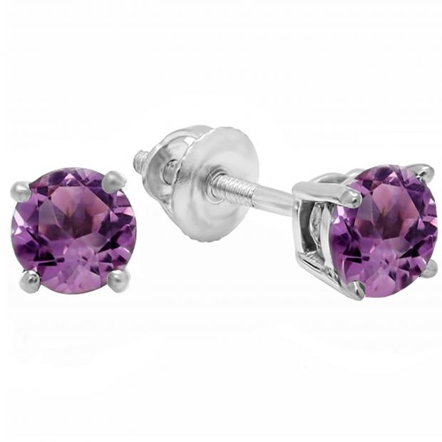 1.00 Carat (ctw) 14K White Gold Round Cut Amethyst Ladies Solitaire Stud Earrings 1 CT
