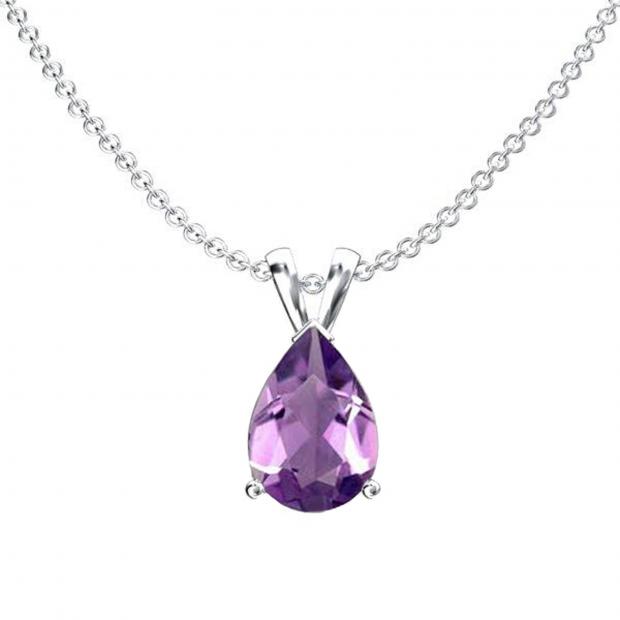 1.00 Carat (ctw) Sterling Silver Pear Cut Amethyst Ladies Solitaire Pendant (Chain Included) 1 CT